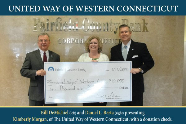 United Way of Western Connecticut - Bill DeMichael and Daniel L. Berta presenting Kimberly Morgan, of The United Way of Western Connecticut, with a donation check.