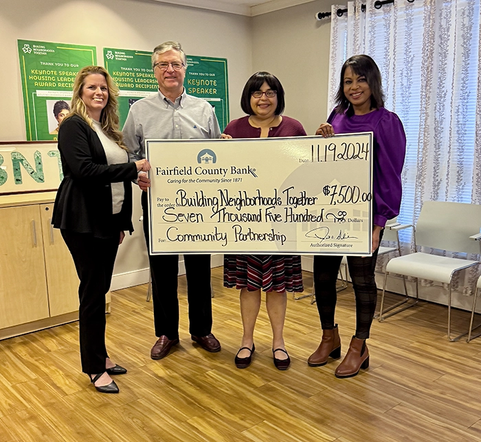 Pictured, from left to right: Tanya Parker, Vice President, Compliance Officer, Fairfield County Bank. Charles Gregs, Director of Administration & Fund Development, BNT. Doris Latorre, Chief Executive Officer, BNT. Veronica Foncello, Business Services Specialist, Bridgeport Branch, Fairfield County Bank.